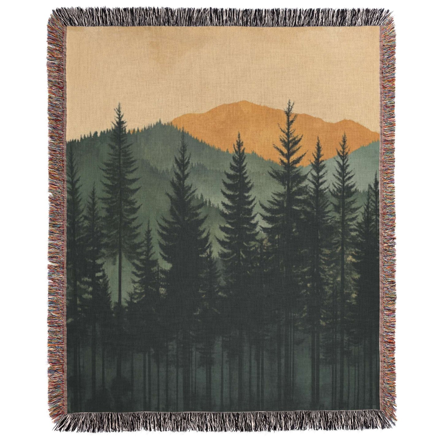 a tapestry with trees and mountains in the background
