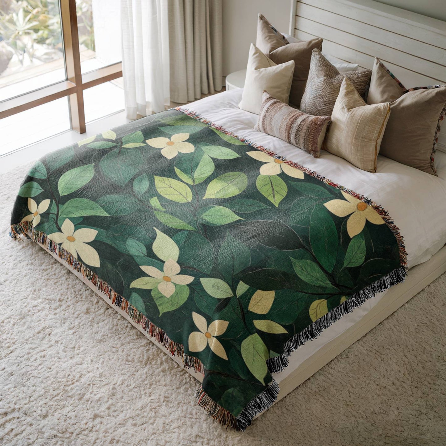 a bed with a green and yellow blanket on top of it