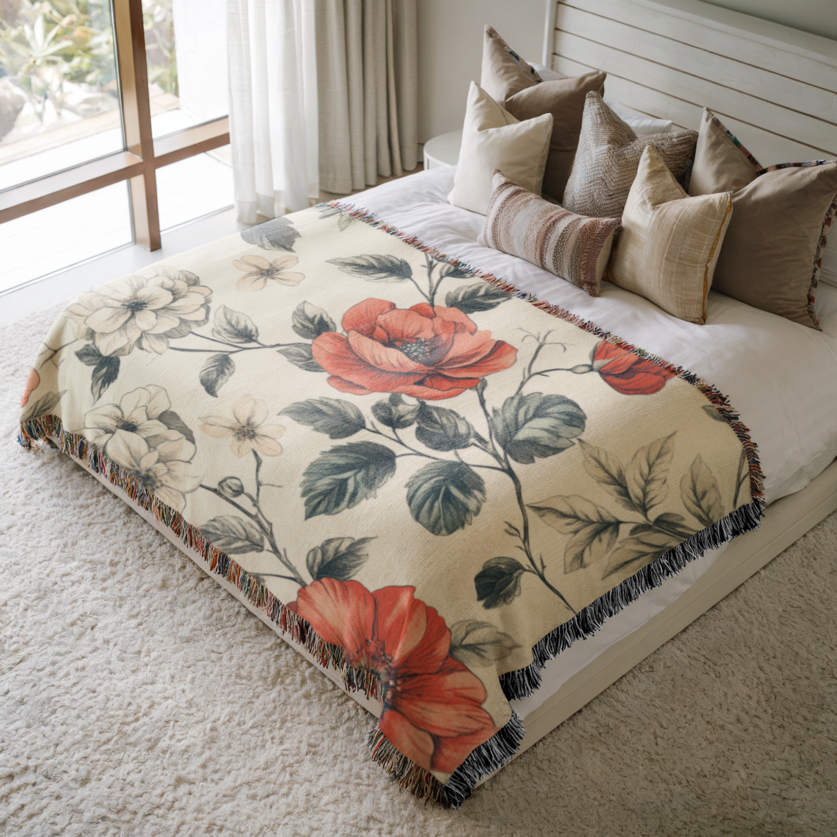 a bed with a floral comforter on top of it