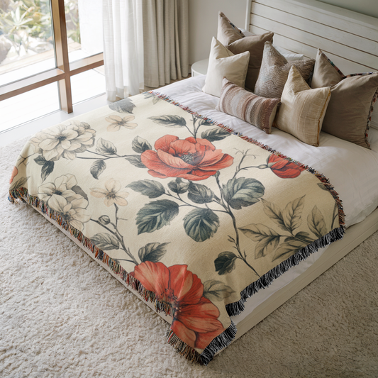 a bed with a floral comforter on top of it