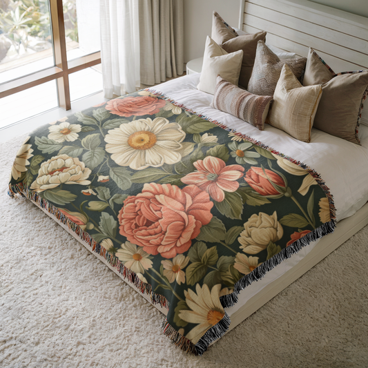 a bed with a floral blanket and pillows on top of it
