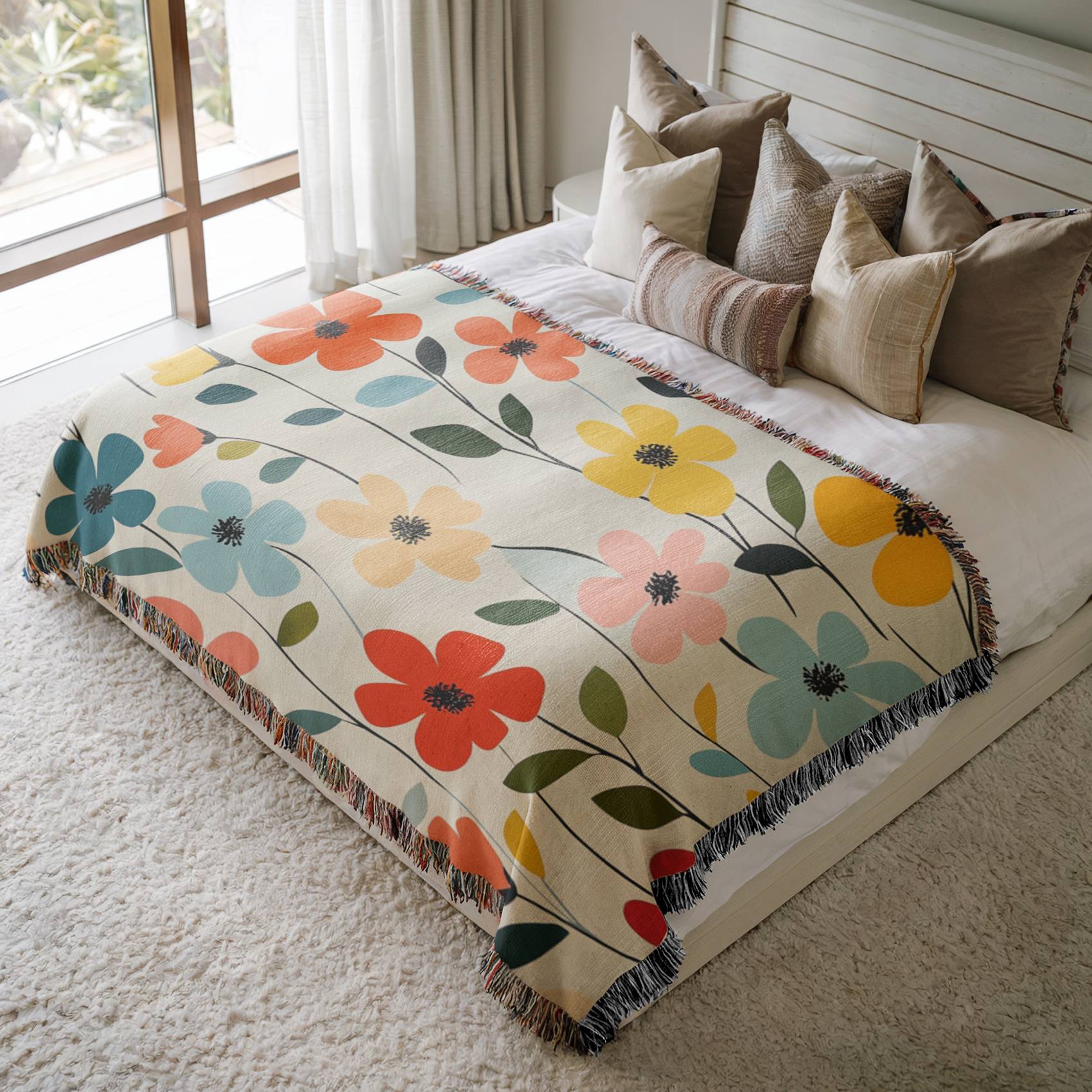a bed with a flowered blanket on top of it