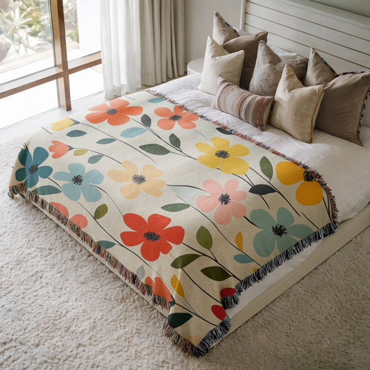 a bed with a flowered blanket on top of it