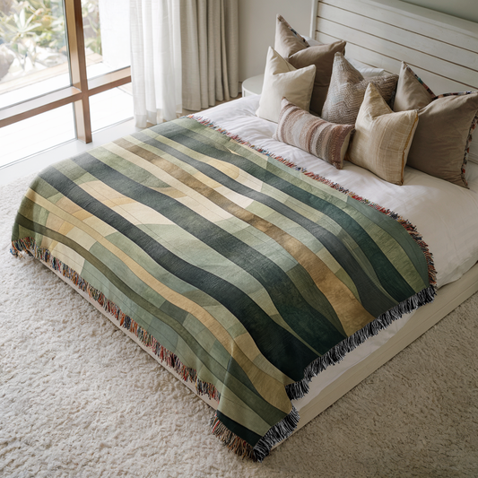a bed with a blanket and pillows on top of it