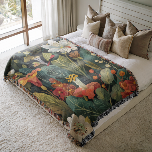 a bed with a floral blanket on top of it