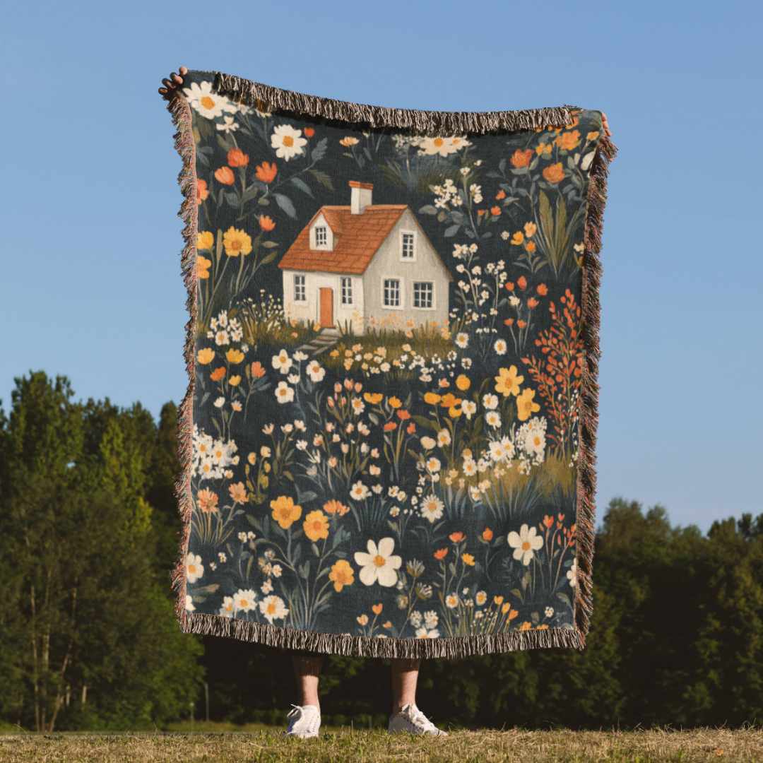 a woman standing in a field holding a blanket with a house on it