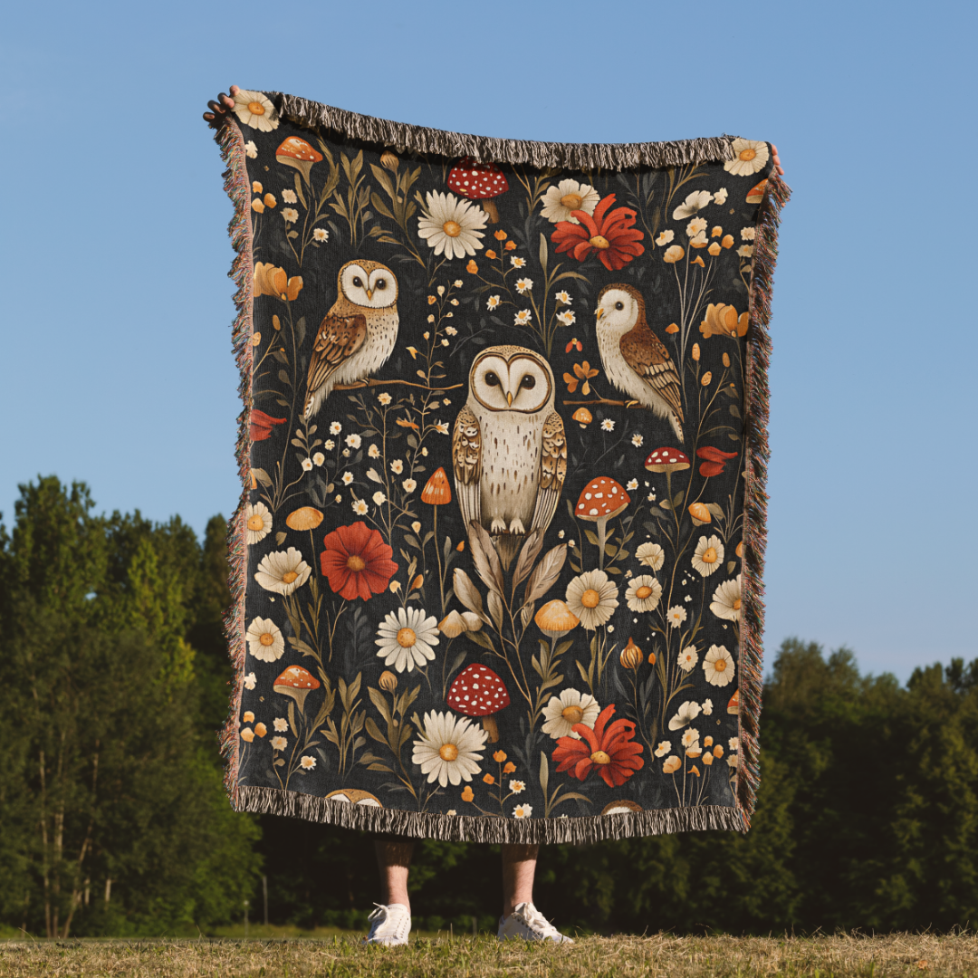a woman standing in front of a tapestry with owls on it