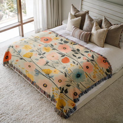 a bed with a blanket and pillows on top of it