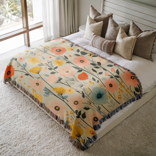 a bed with a blanket and pillows on top of it