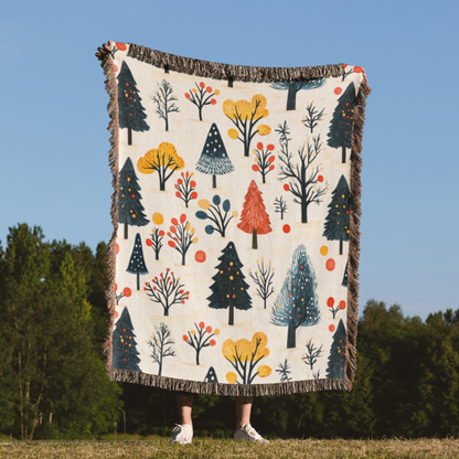 a person holding a blanket with trees on it