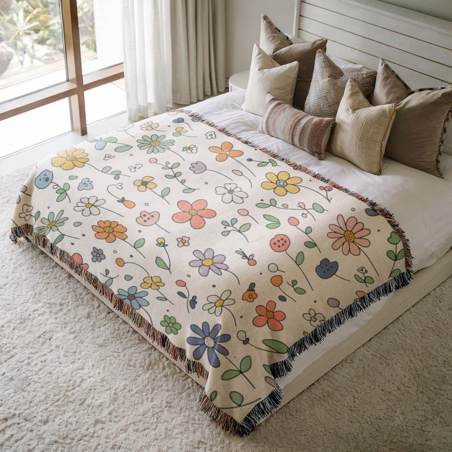 a bed with a blanket and pillows on top of it