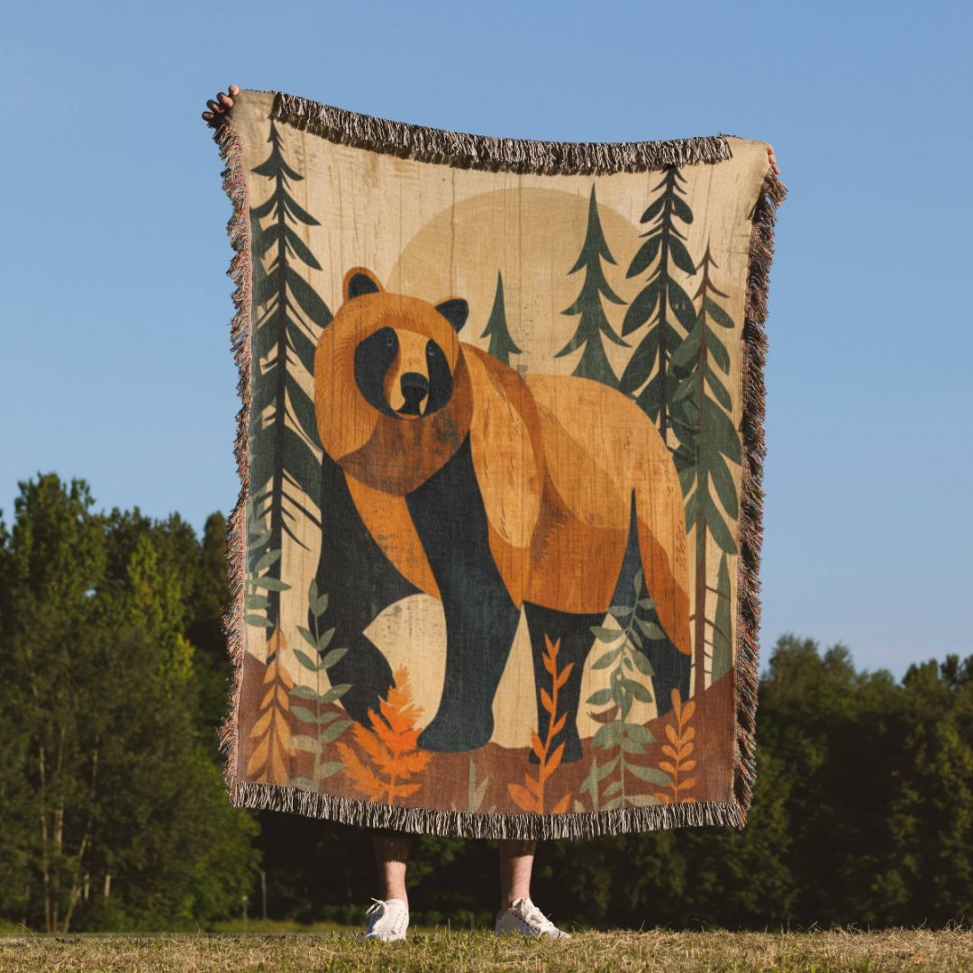a person standing in front of a bear tapestry