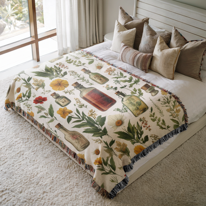 a bed covered in a blanket and pillows
