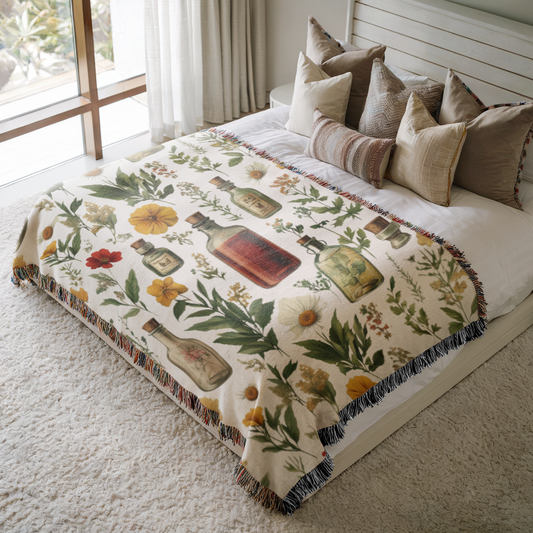 a bed covered in a blanket and pillows