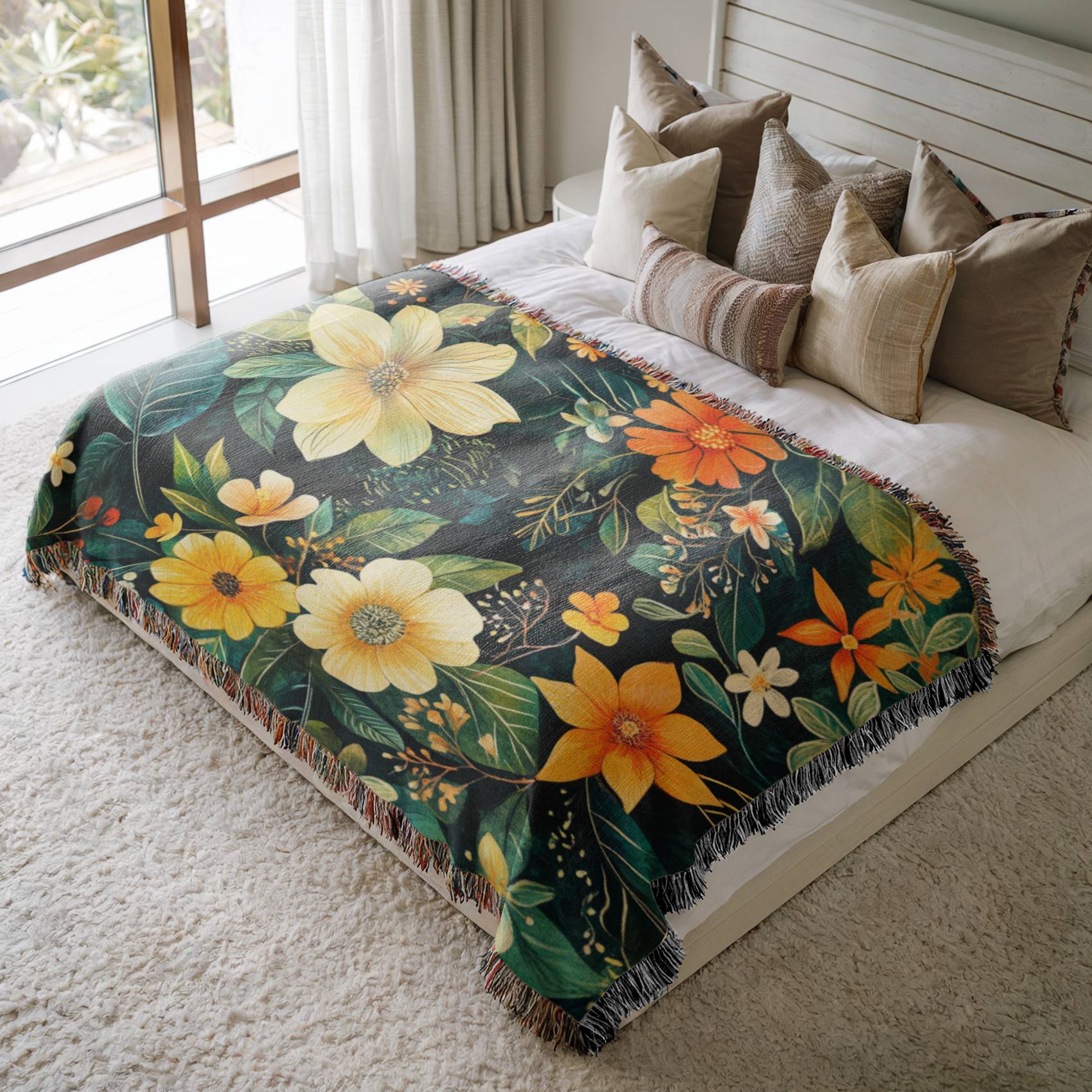 a bed with a floral blanket on top of it