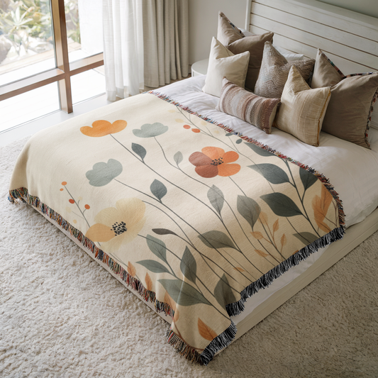a bed with a floral comforter on top of it