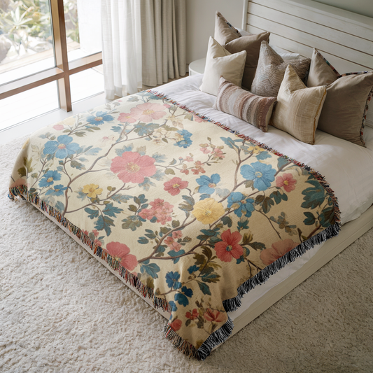 a bed with a floral blanket and pillows on top of it