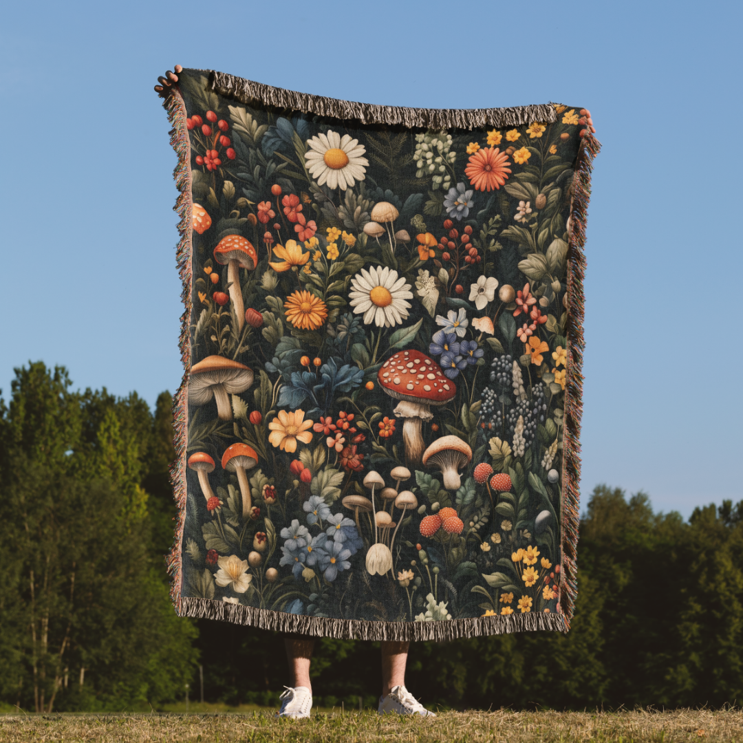 a woman standing in a field holding a blanket