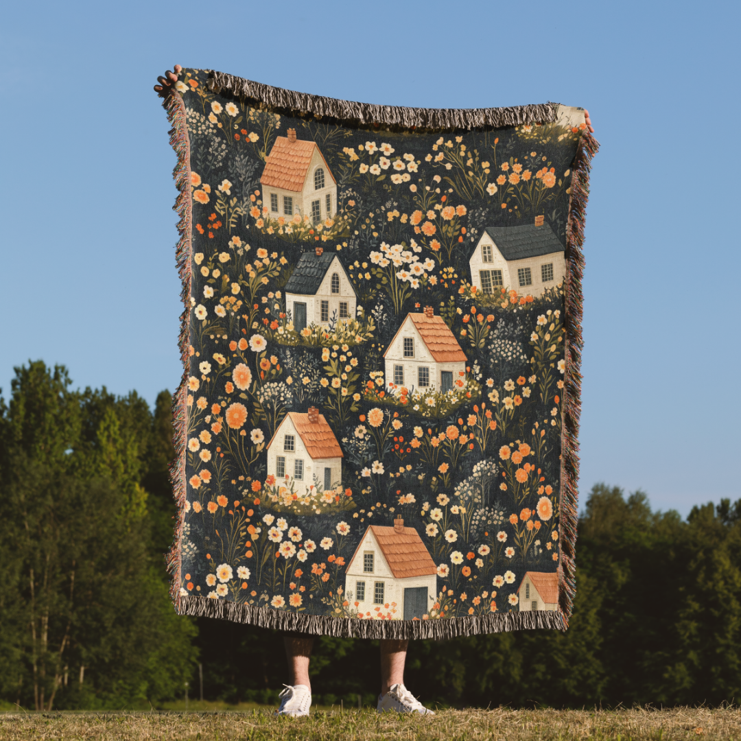 a woman holding a quilt with houses on it
