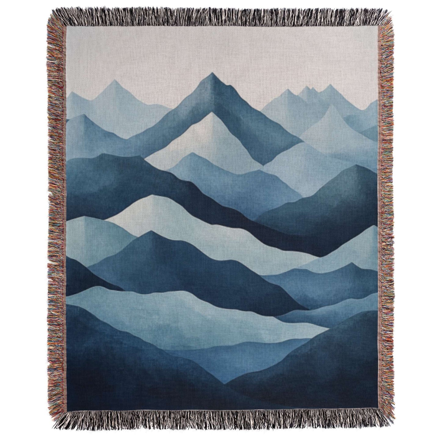 a blue and white tapestry with mountains in the background