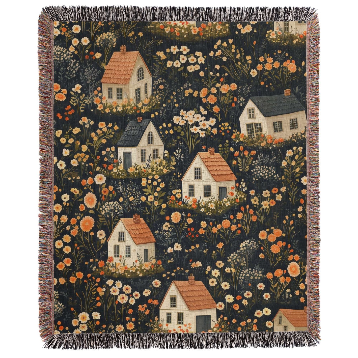 a tapestry with houses and flowers on it