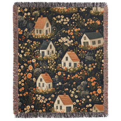 a tapestry with houses and flowers on it