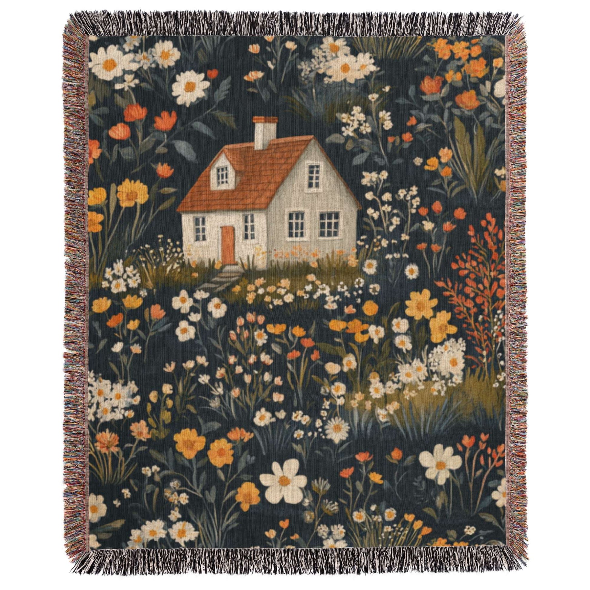 a tapestry of a house surrounded by flowers