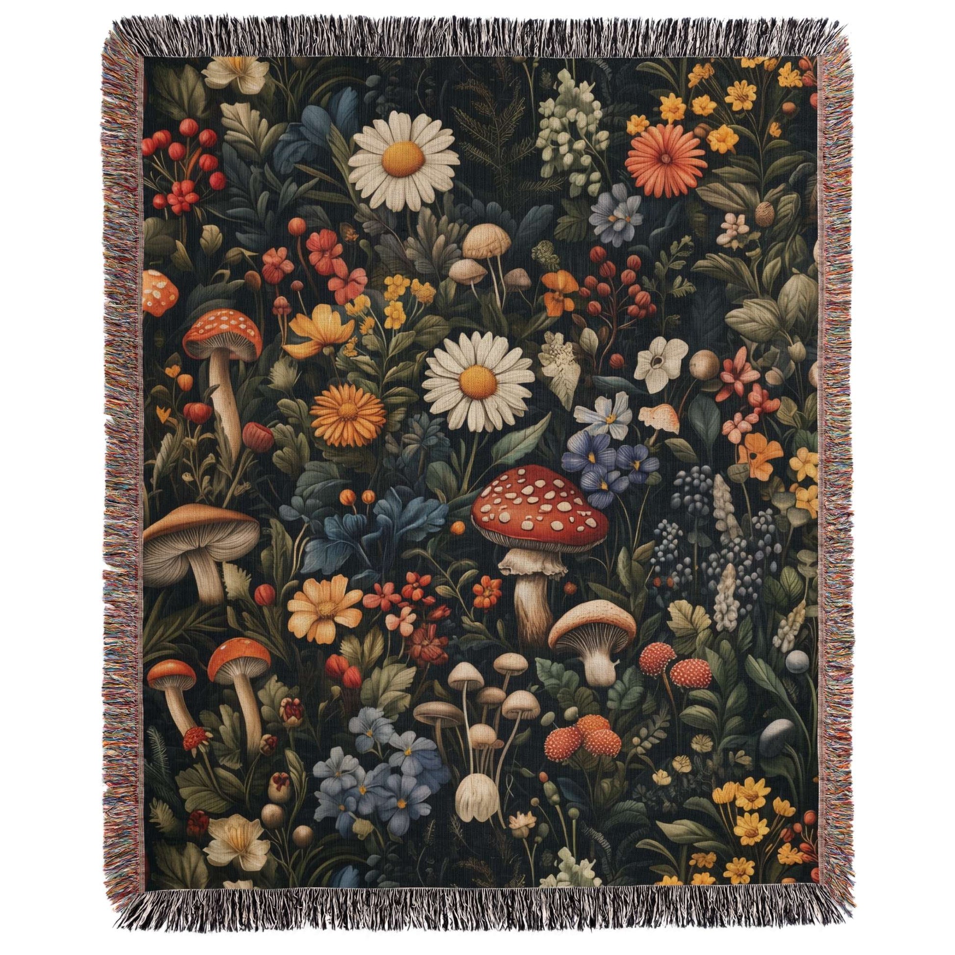 a tapestry of flowers and mushrooms on a white background