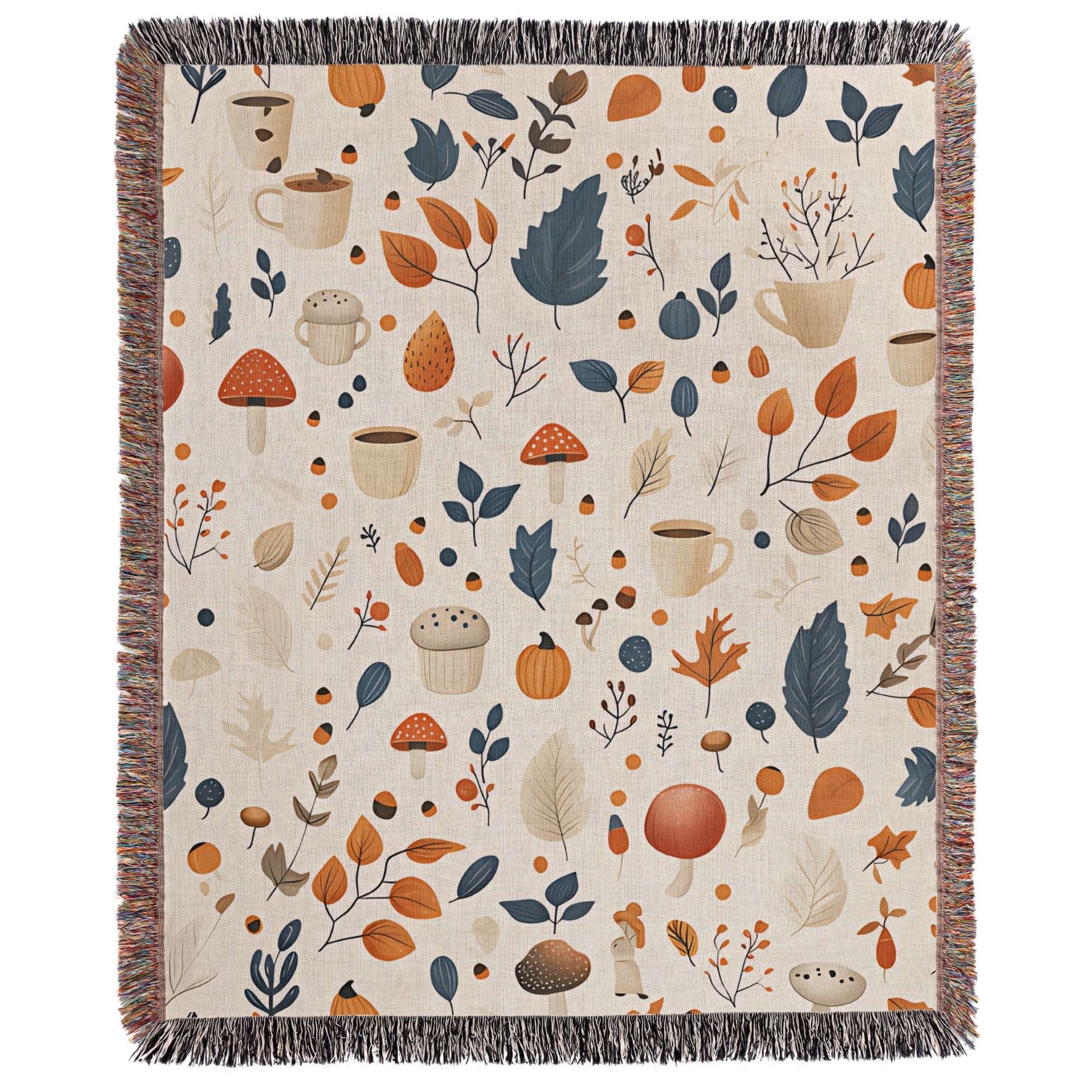 a blanket with a pattern of leaves and mushrooms