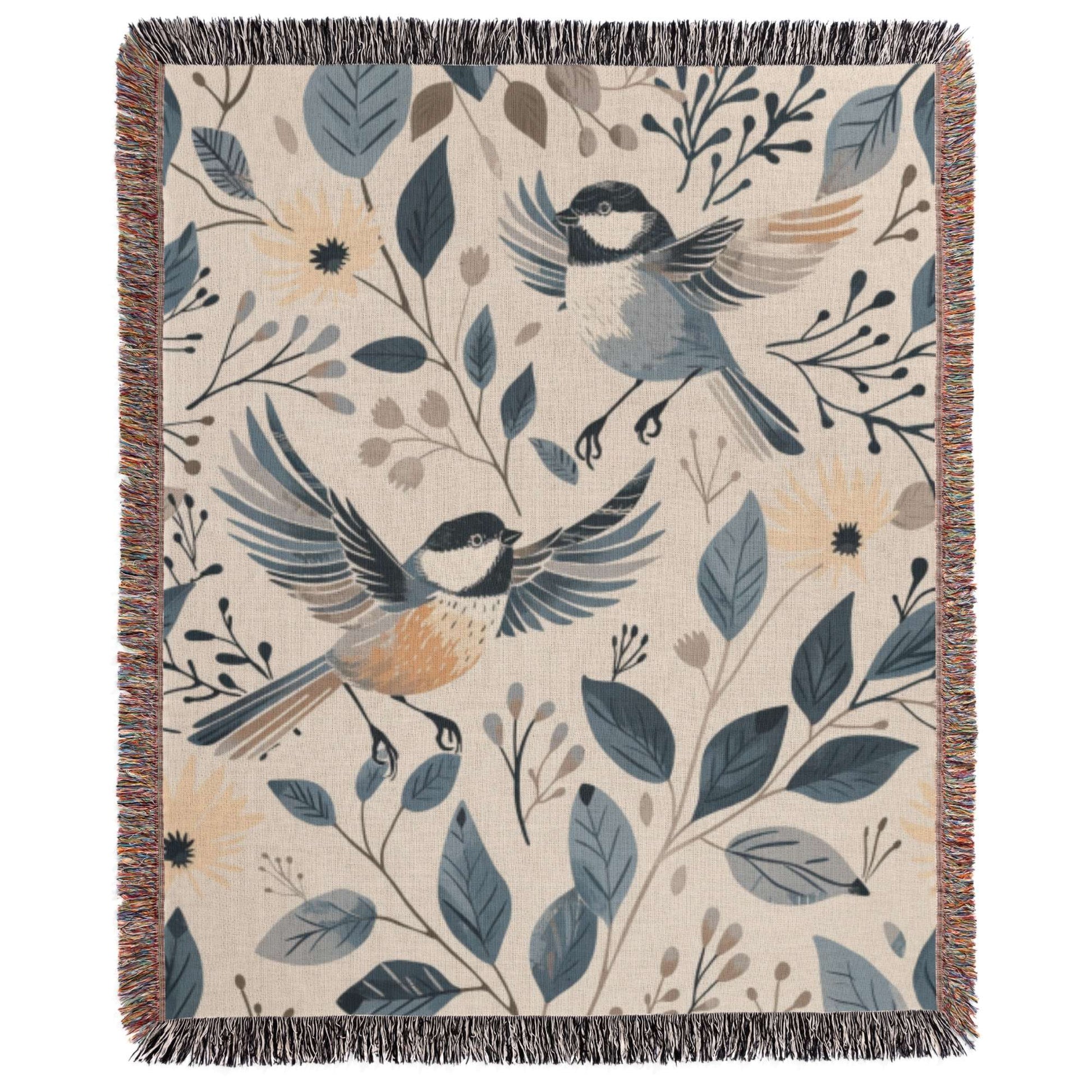 a blanket with birds and leaves on it
