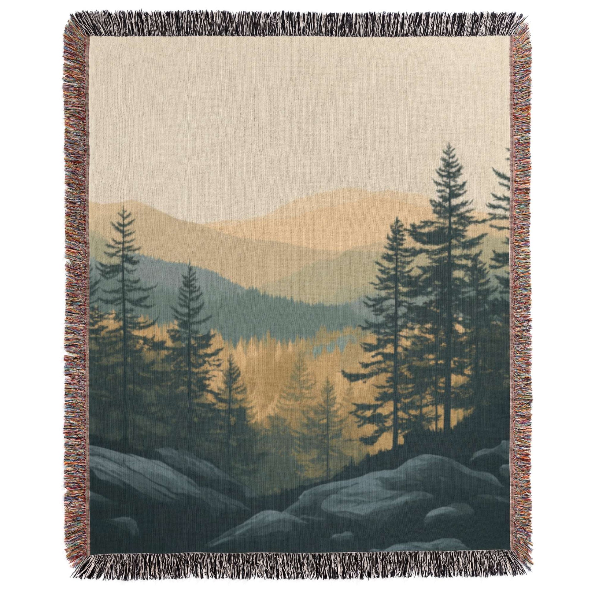 a tapestry of a forest with mountains in the background