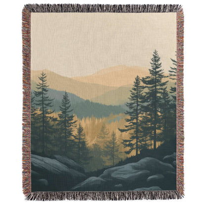 a tapestry of a forest with mountains in the background