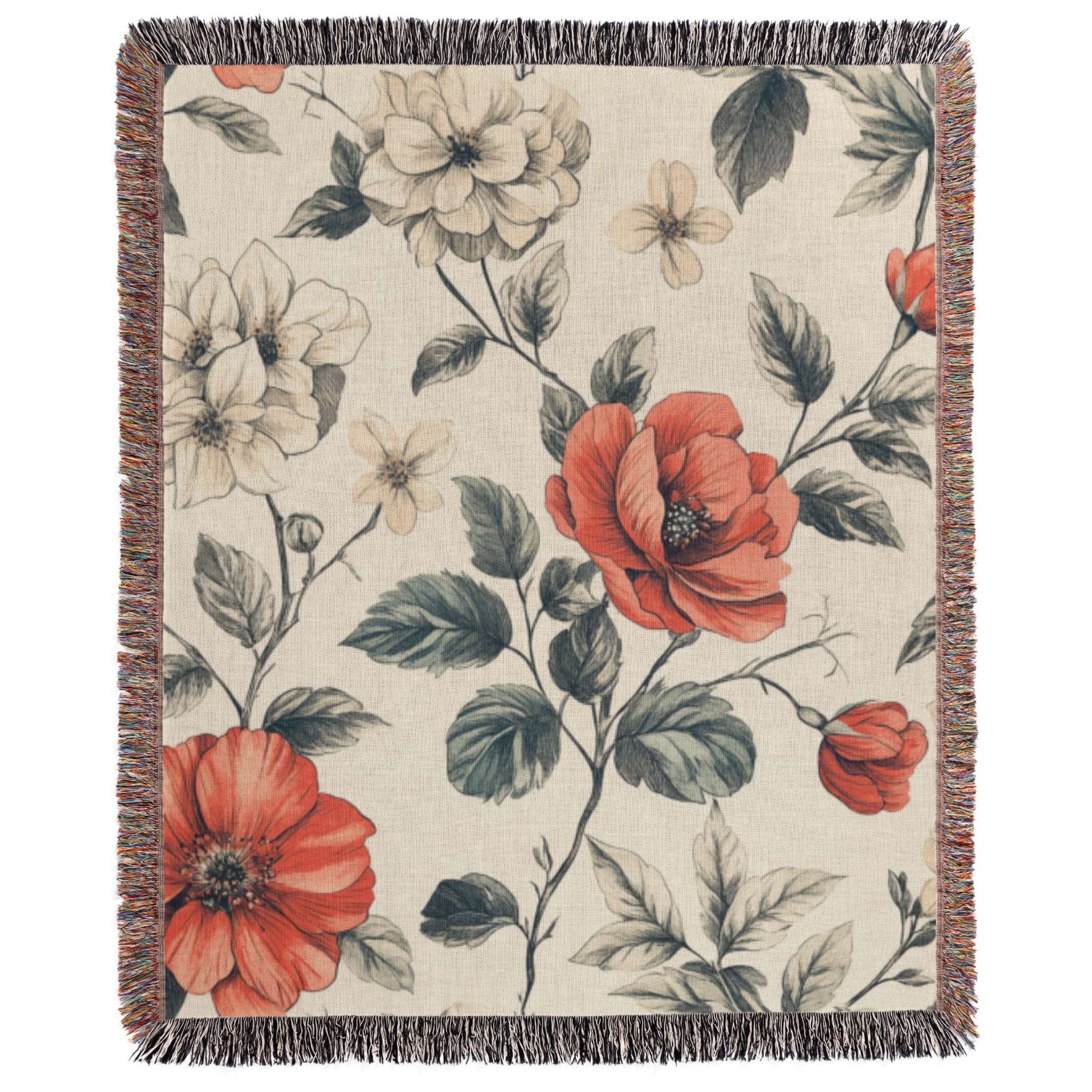 a red and white blanket with flowers on it