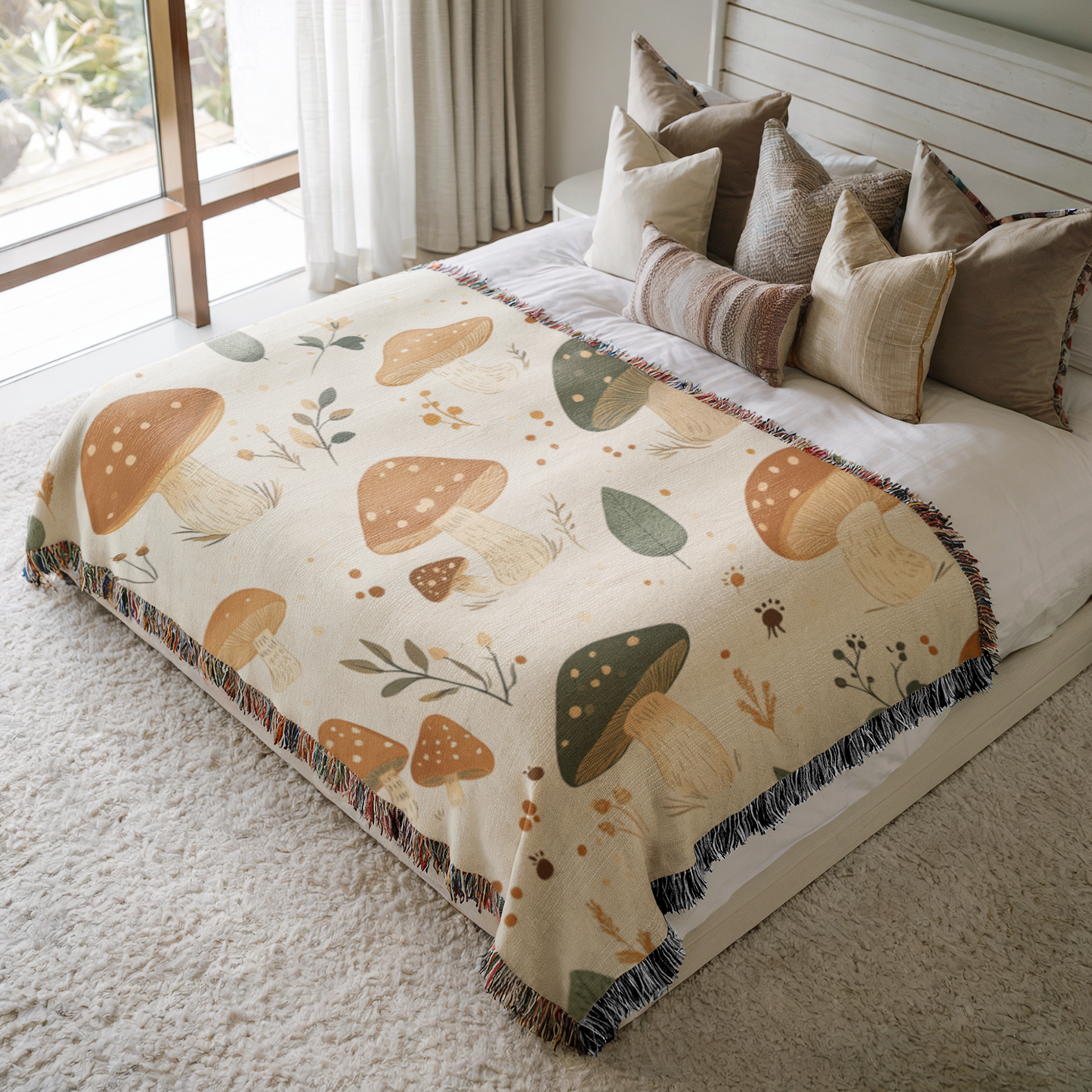a bed with a blanket and pillows on it