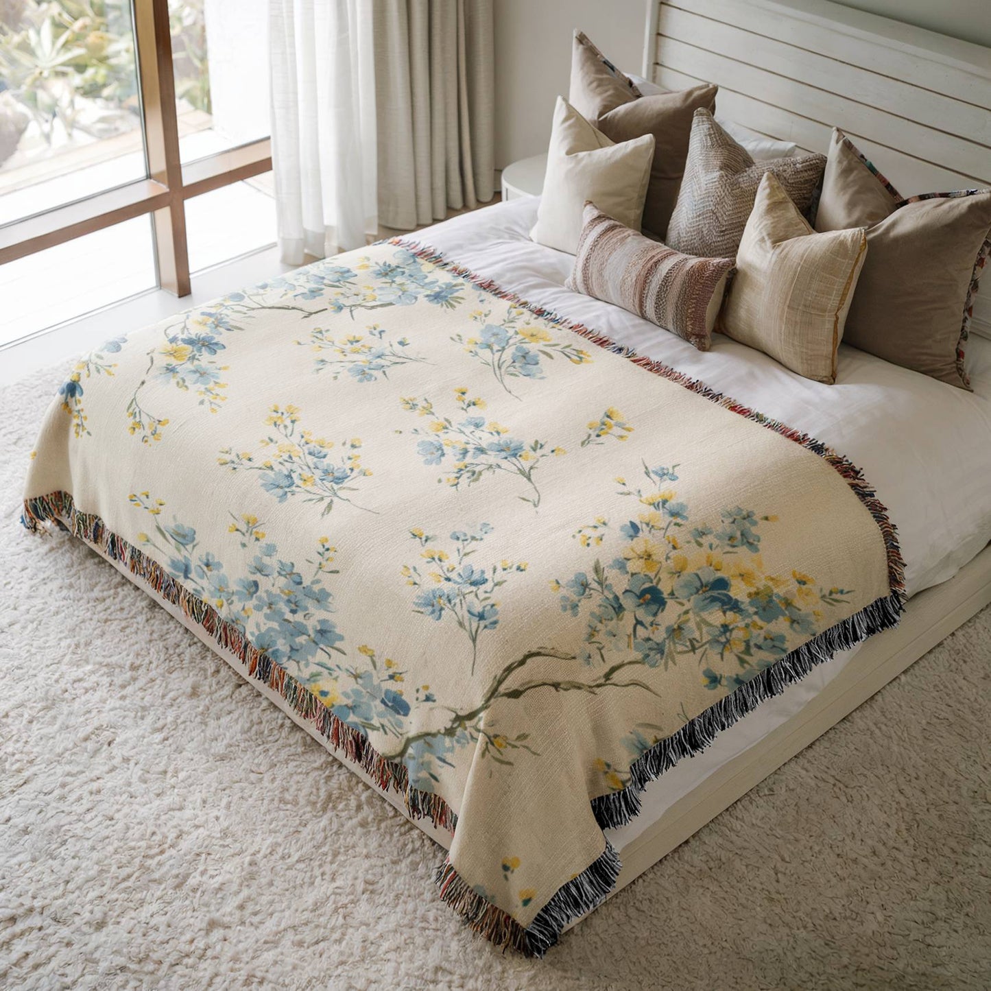 a bed with a floral comforter and pillows