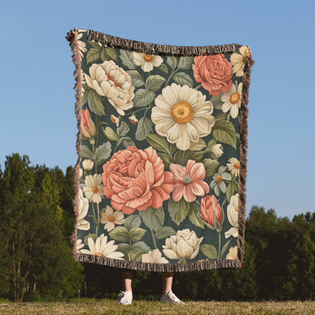 a woman standing in a field holding a blanket