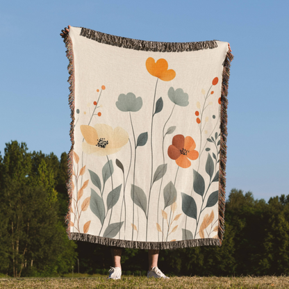 a woman standing in a field holding a blanket with flowers on it