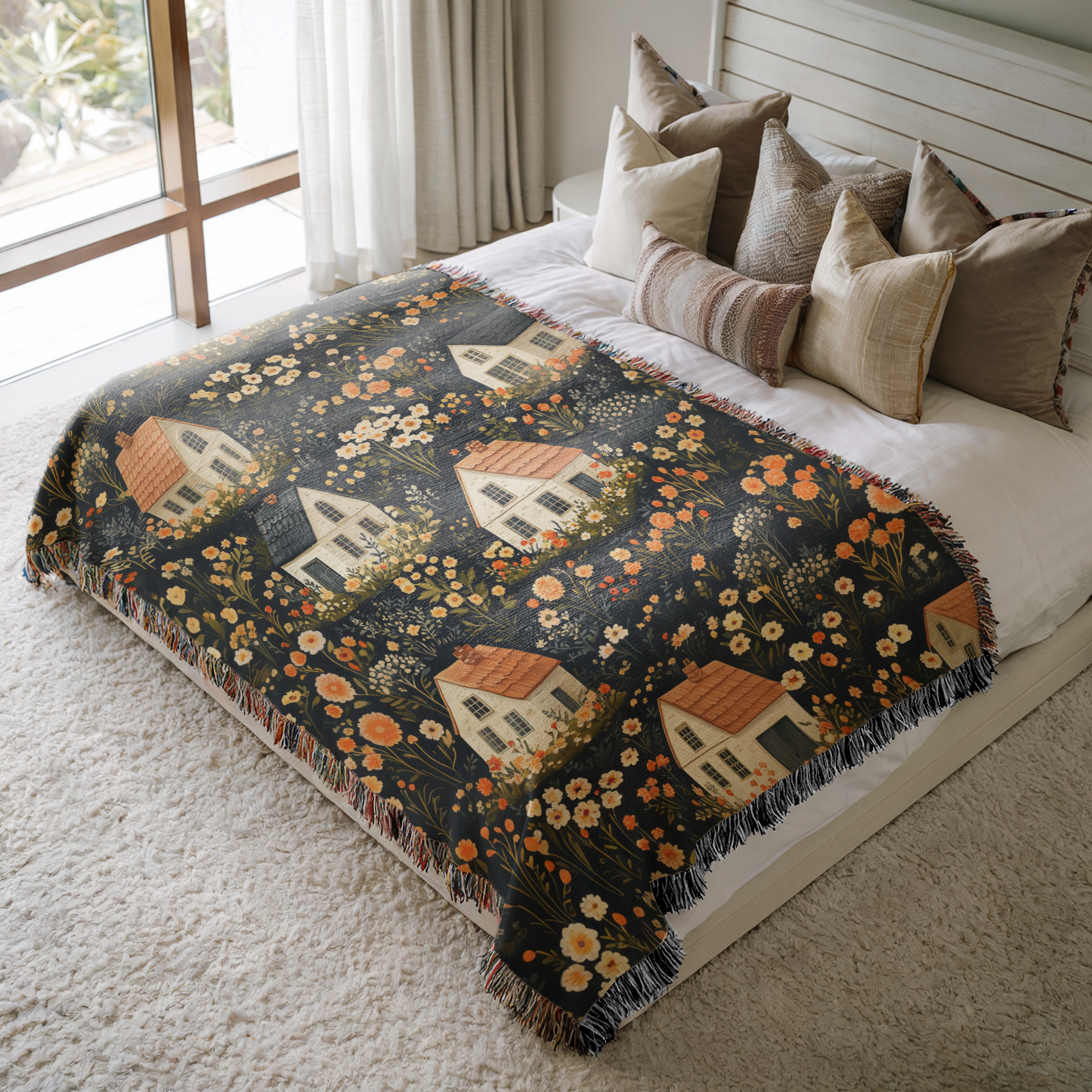 a bed with a blanket on top of it