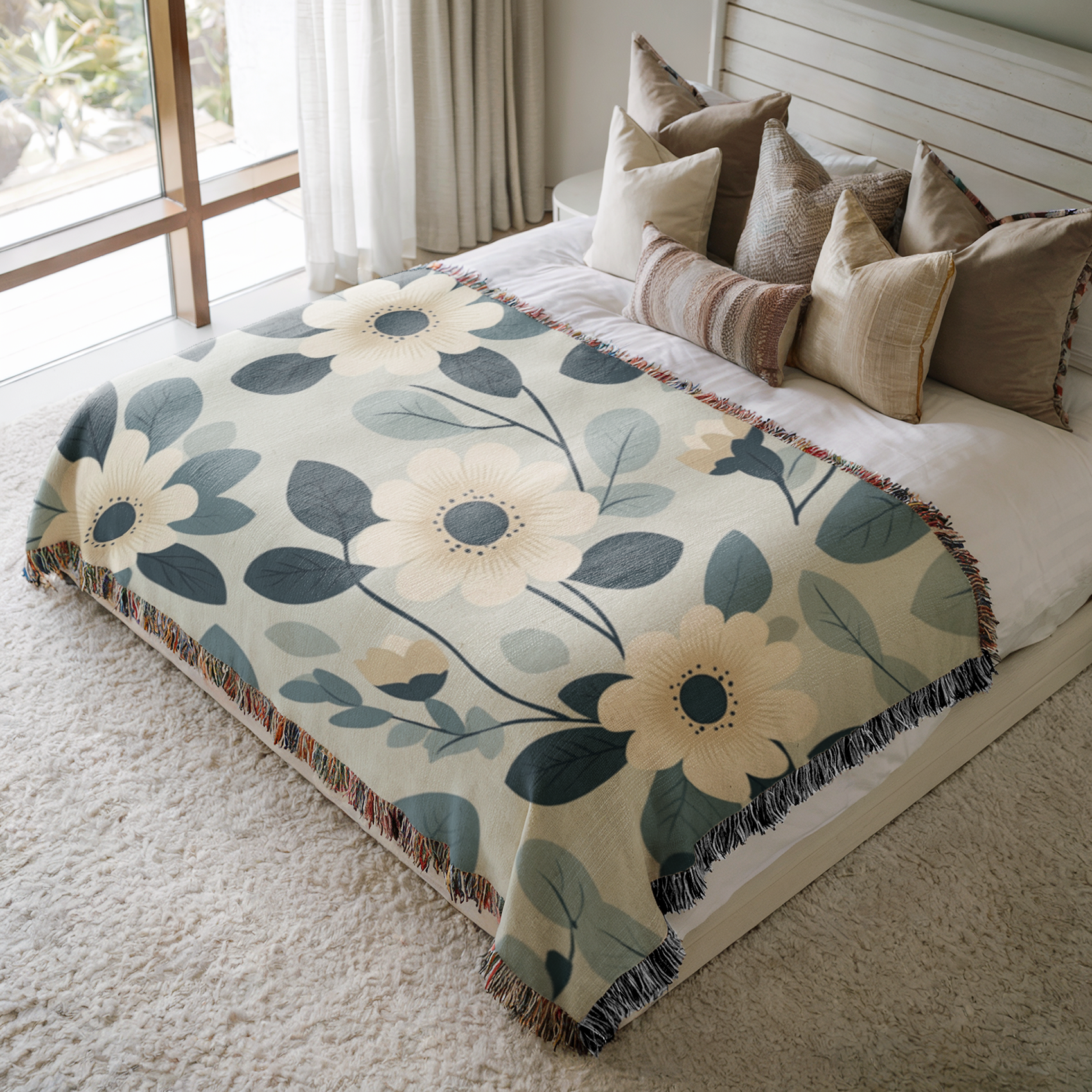 a bed with a blanket and pillows on top of it