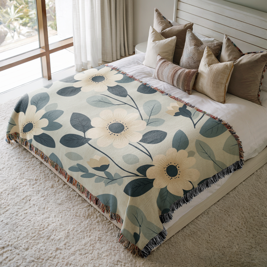 a bed with a blanket and pillows on top of it