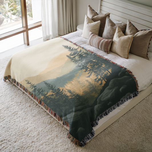a large bed with a forest scene on it
