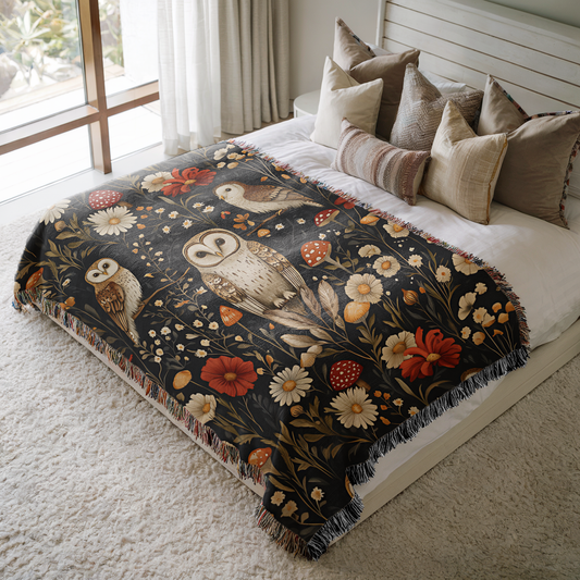 a bed with an owl blanket on top of it